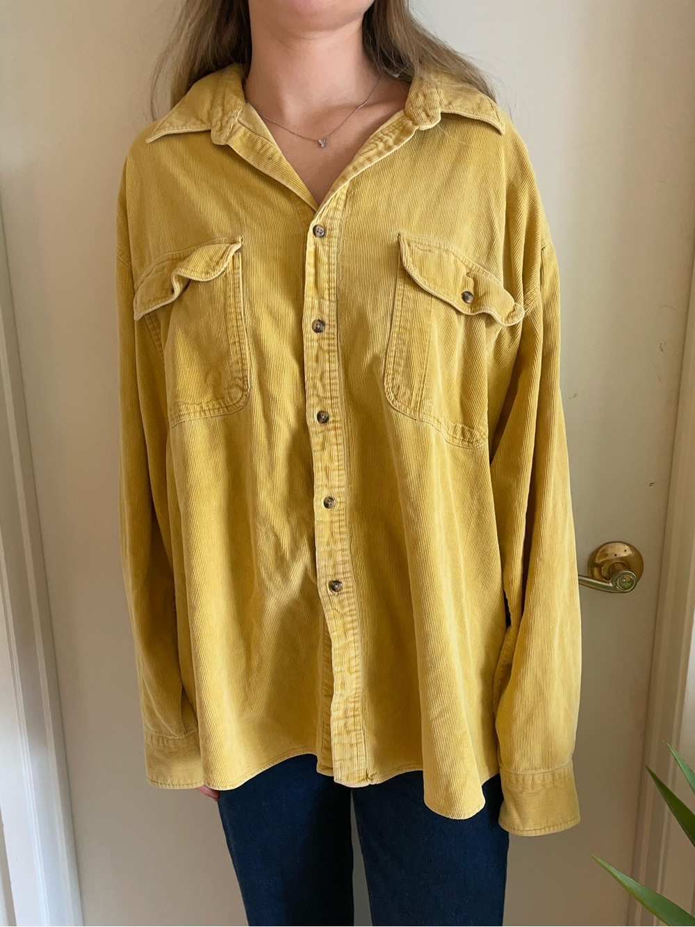 Mustard yellow button up flannel shirt